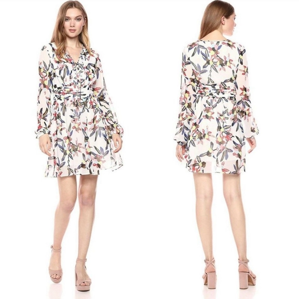 Sam Edelman Long Sleeve Mini Dress Floral A Line Pin Tucks White Multi Size 4